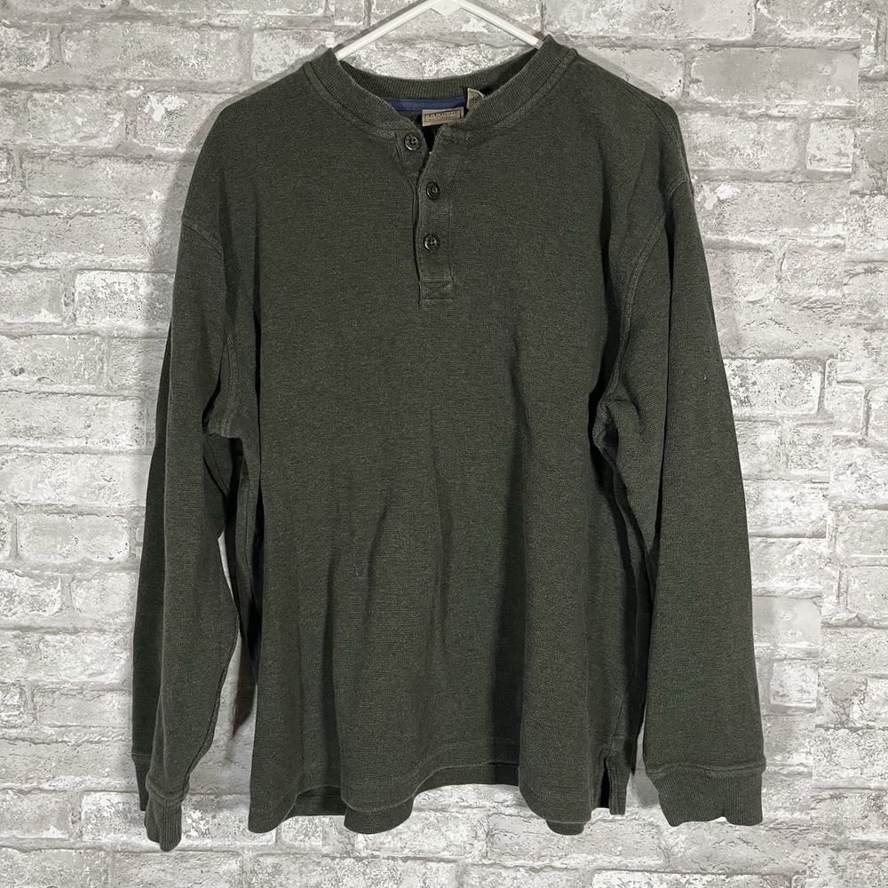 LL Bean Green Henley Thermal Shirt Size XL Outdoor Cabincore 100% Cotton